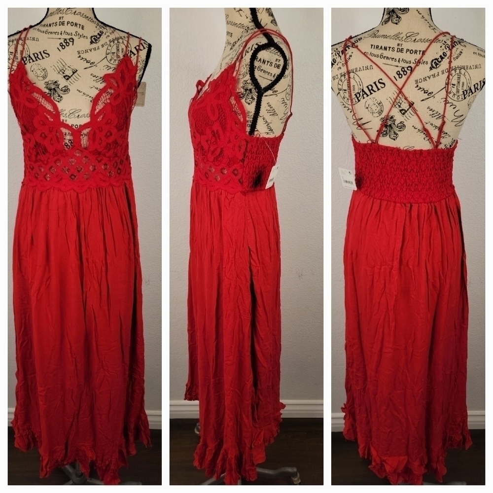 Free People Dres XS Adella Maxi Slip Boho Crochet Lace Red Summer Cottage NEW - Picture 2 of 8